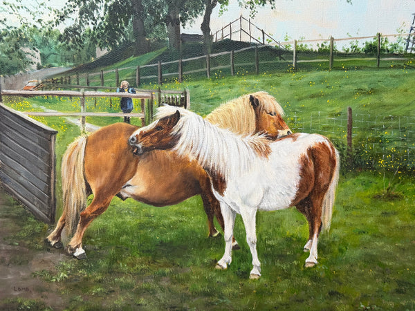 David Lamb British Equestrian Oil Painting Shetland Groom With Ponies