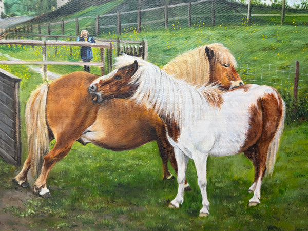 David Lamb British Equestrian Oil Painting Shetland Groom With Ponies
