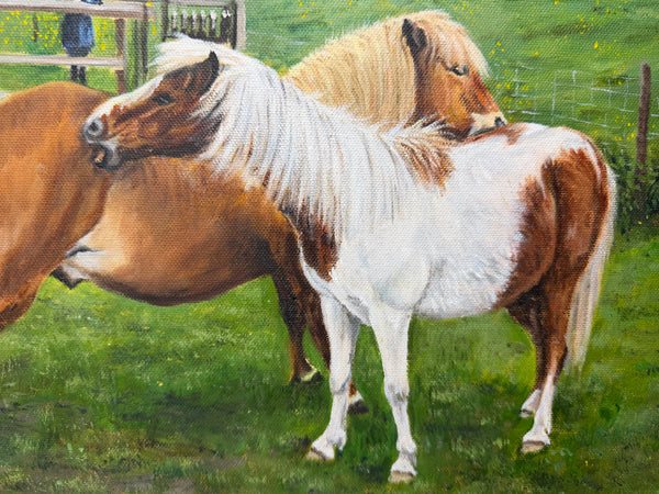 David Lamb British Equestrian Oil Painting Shetland Groom With Ponies