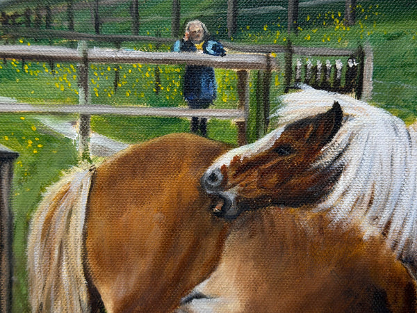David Lamb British Equestrian Oil Painting Shetland Groom With Ponies