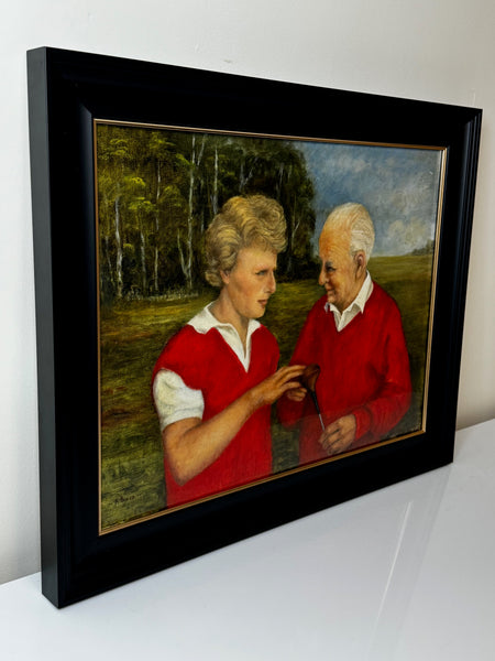 Oil Painting Harry Busson Presenting Persimmon Golf Club To Pro Bernhard Langer