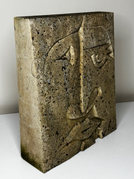 Modernist Cubist Stone Face Relief Sculpture In the Manner of Picasso & John Milne School