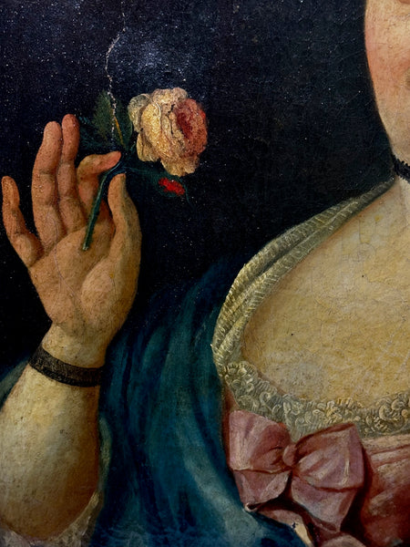 18th Century Oil Painting Lady Holding Rose Follower Of François-Hubert Drouais