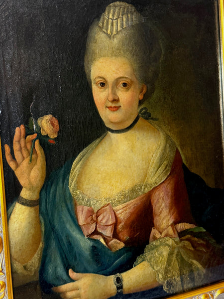 18th Century Oil Painting Lady Holding Rose Follower Of François-Hubert Drouais