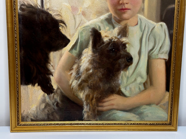 Oil Painting Mary with Cairn Terriers In the Manner of Sir Harrington Mann C1940