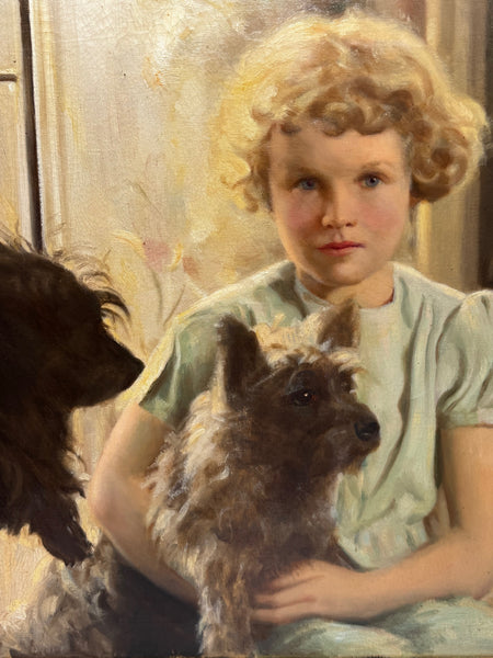 Oil Painting Mary with Cairn Terriers In the Manner of Sir Harrington Mann C1940