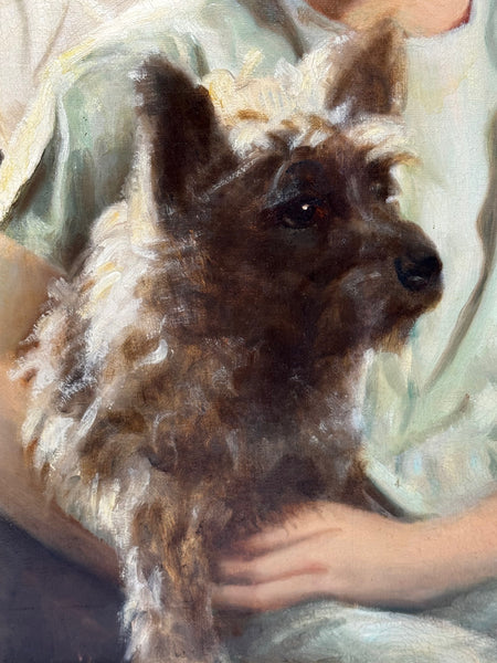 Oil Painting Mary with Cairn Terriers In the Manner of Sir Harrington Mann C1940