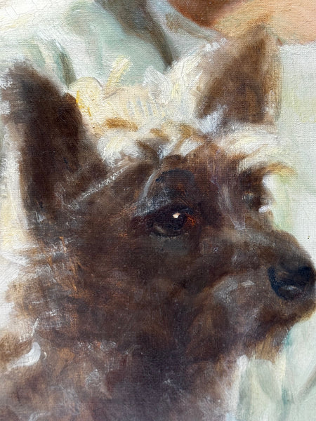 Oil Painting Mary with Cairn Terriers In the Manner of Sir Harrington Mann C1940