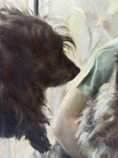 Oil Painting Mary with Cairn Terriers In the Manner of Sir Harrington Mann C1940