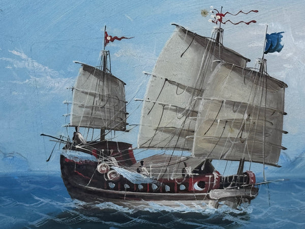 Colonial Marine Painting Inbound Junk Sailing Boat at the Mouth of the Pearl River, Hong Kong c1914