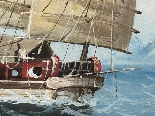 Colonial Marine Painting Inbound Junk Sailing Boat at the Mouth of the Pearl River, Hong Kong c1914