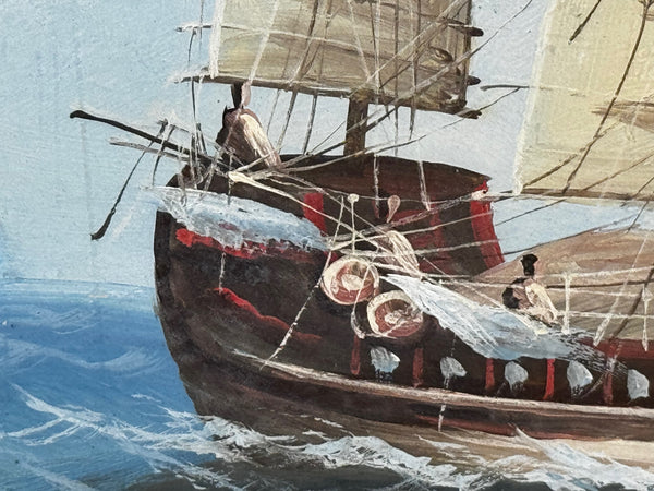Colonial Marine Painting Inbound Junk Sailing Boat at the Mouth of the Pearl River, Hong Kong c1914