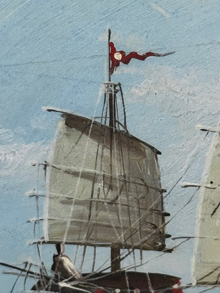 Colonial Marine Painting Inbound Junk Sailing Boat at the Mouth of the Pearl River, Hong Kong c1914