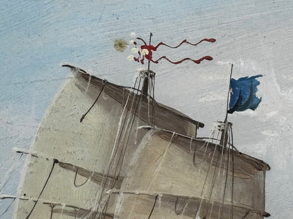 Colonial Marine Painting Inbound Junk Sailing Boat at the Mouth of the Pearl River, Hong Kong c1914