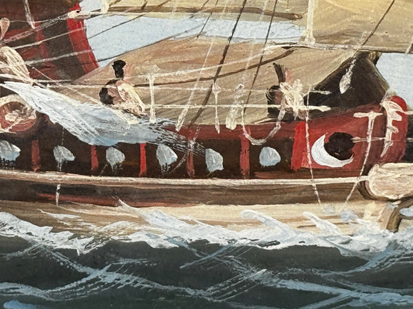 Colonial Marine Painting Inbound Junk Sailing Boat at the Mouth of the Pearl River, Hong Kong c1914