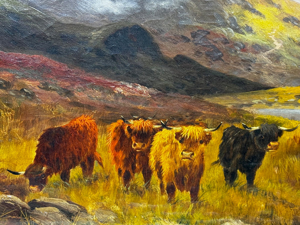 Oil Painting Longhorn Cattle West Scottish Highlands By Gustave De Brianski