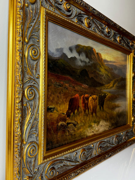 Oil Painting Longhorn Cattle West Scottish Highlands By Gustave De Brianski