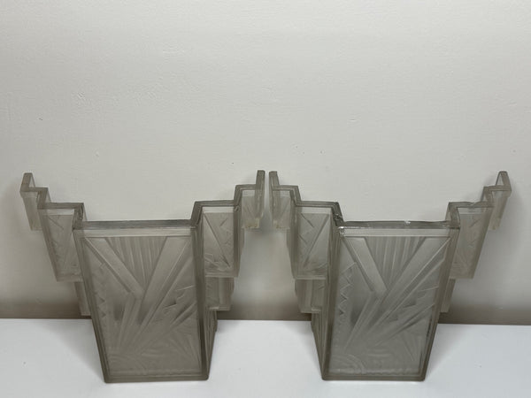 Pair Art Deco Skyscraper Glass Wall Appliqué Sconces in the Manner Of Marius-Ernest Sabino