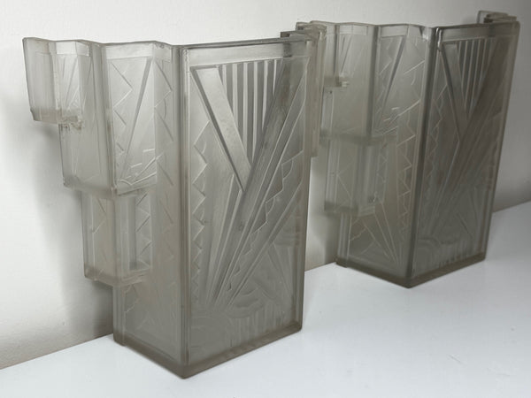 Pair Art Deco Skyscraper Glass Wall Appliqué Sconces in the Manner Of Marius-Ernest Sabino