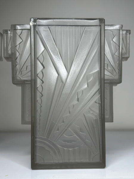Pair Art Deco Skyscraper Glass Wall Appliqué Sconces in the Manner Of Marius-Ernest Sabino