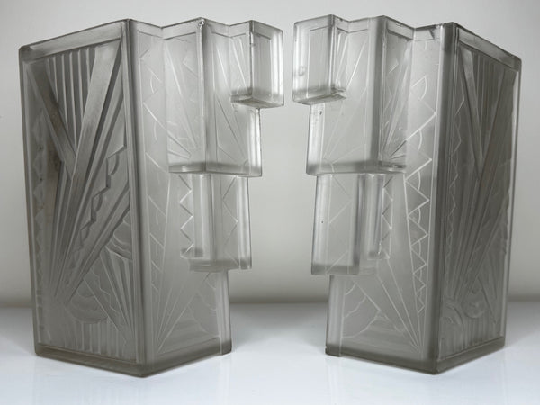 Pair Art Deco Skyscraper Glass Wall Appliqué Sconces in the Manner Of Marius-Ernest Sabino