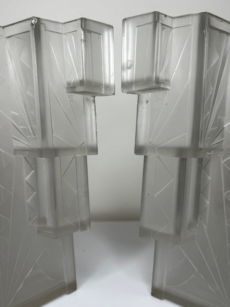 Pair Art Deco Skyscraper Glass Wall Appliqué Sconces in the Manner Of Marius-Ernest Sabino