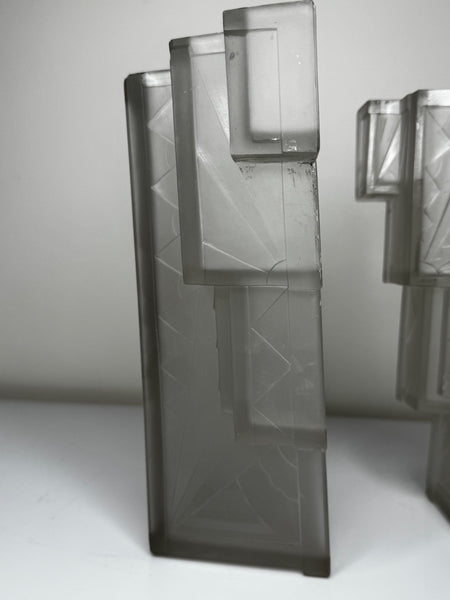 Pair Art Deco Skyscraper Glass Wall Appliqué Sconces in the Manner Of Marius-Ernest Sabino