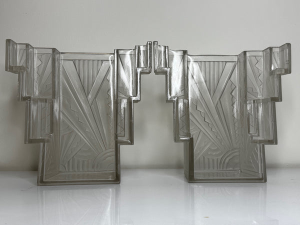 Pair Art Deco Skyscraper Glass Wall Appliqué Sconces in the Manner Of Marius-Ernest Sabino
