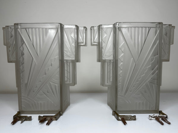 Pair Art Deco Skyscraper Glass Wall Appliqué Sconces in the Manner Of Marius-Ernest Sabino