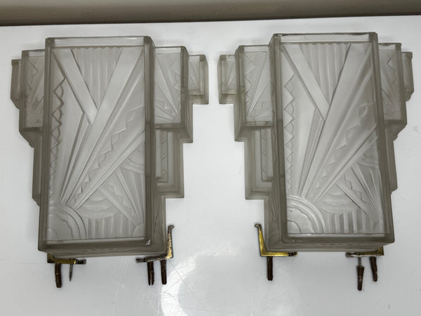 Pair Art Deco Skyscraper Glass Wall Appliqué Sconces in the Manner Of Marius-Ernest Sabino