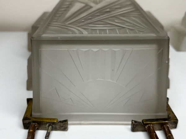 Pair Art Deco Skyscraper Glass Wall Appliqué Sconces in the Manner Of Marius-Ernest Sabino