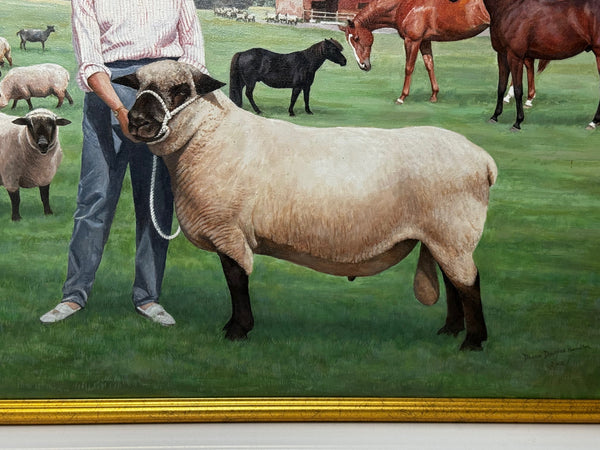 Oil Painting Camilla Parker Bowles Wiltshire Farm Prized Sheep & Horses