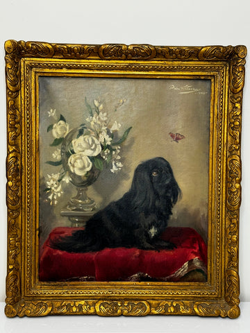 Postwar Oil Painting Prized Pekingese Dog Watching A Butterfly By Paul Desmond Fitzgerald