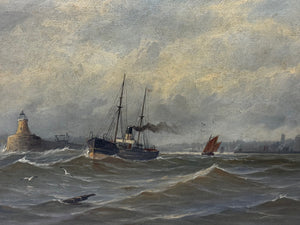 19th Century Oil Painting Pilot Tug Boat On Tyne Tynemouth Lighthouse by John Davison Liddell