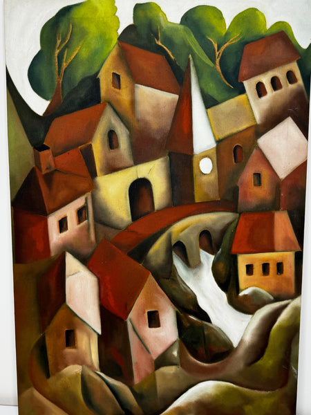 Large Oil Painting After Picasso Cubist-Influenced Hillside Village by Terence Matthew Kane