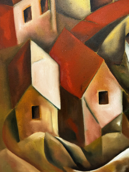 Large Oil Painting After Picasso Cubist-Influenced Hillside Village by Terence Matthew Kane