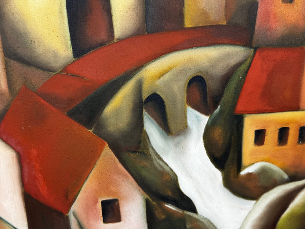 Large Oil Painting After Picasso Cubist-Influenced Hillside Village by Terence Matthew Kane