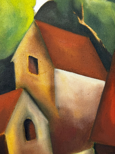 Large Oil Painting After Picasso Cubist-Influenced Hillside Village by Terence Matthew Kane