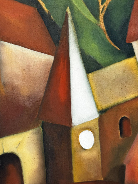 Large Oil Painting After Picasso Cubist-Influenced Hillside Village by Terence Matthew Kane