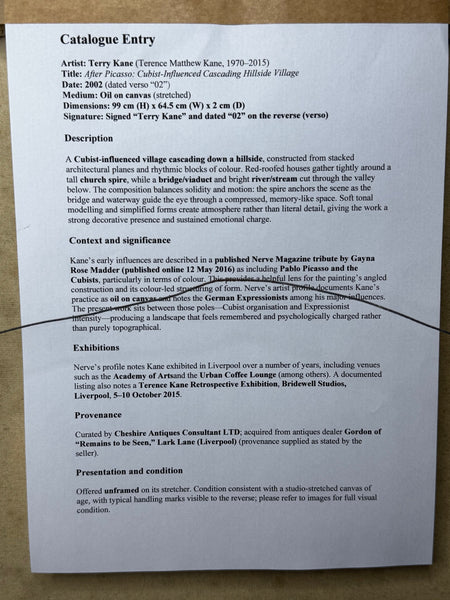 Large Oil Painting After Picasso Cubist-Influenced Hillside Village by Terence Matthew Kane