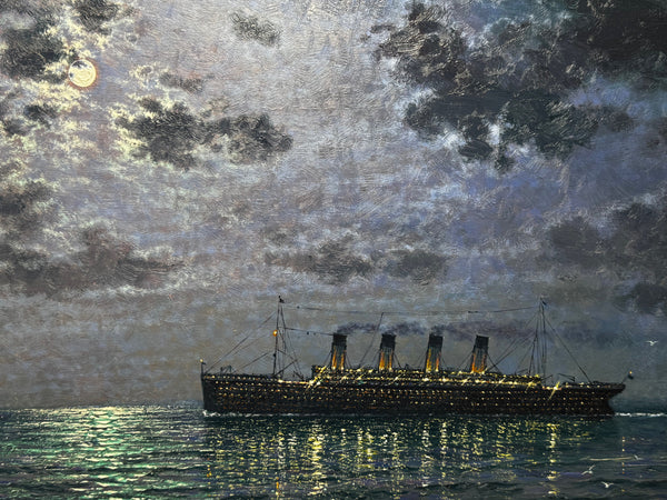 Ships That Pass in the Night — RMS Titanic by Moonlight with RMS Olympic on the Horizon — Oil on Canvas