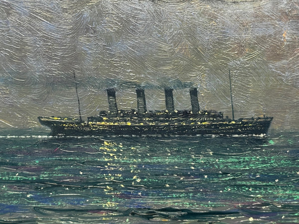 Ships That Pass in the Night — RMS Titanic by Moonlight with RMS Olympic on the Horizon — Oil on Canvas