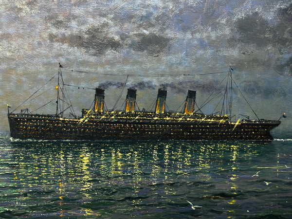 Ships That Pass in the Night — RMS Titanic by Moonlight with RMS Olympic on the Horizon — Oil on Canvas