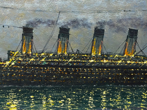 Ships That Pass in the Night — RMS Titanic by Moonlight with RMS Olympic on the Horizon — Oil on Canvas