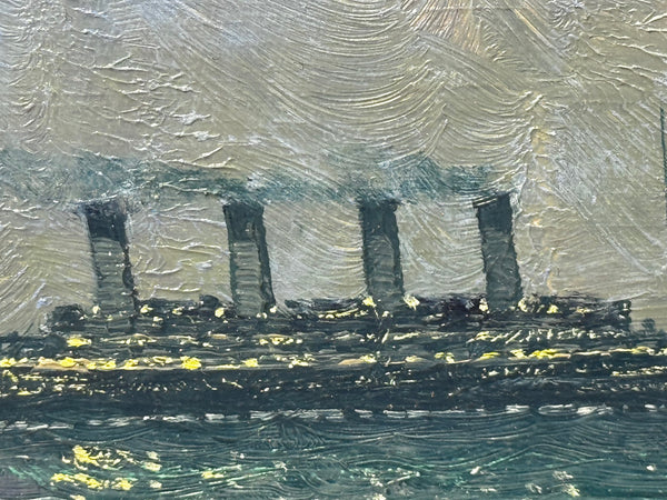 Ships That Pass in the Night — RMS Titanic by Moonlight with RMS Olympic on the Horizon — Oil on Canvas