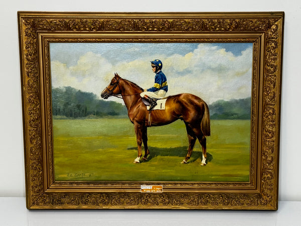 Racing Oil Painting Winner Grundy Epsom Derby 1975 Jockey Pat Eddery Up - Cheshire Antiques Consultant Ltd