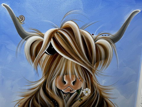 Highland Horned Cow Oil Painting McMoo With Garden Insects By Jennifer Hogwood