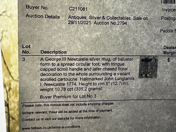 18th Century Sterling Silver Tankard 🍺 George III 1774 | John Langlands Newcastle