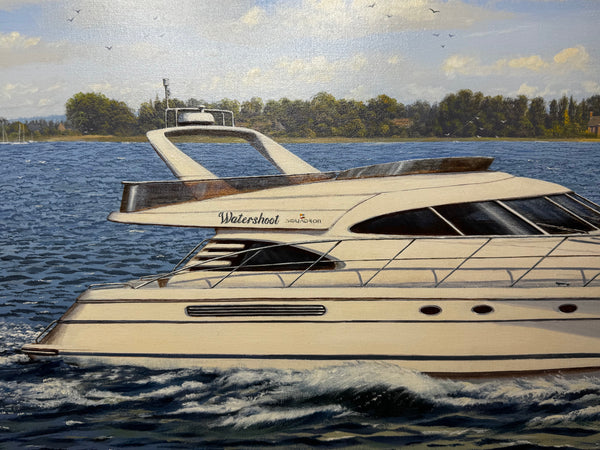 Lake Windermere Sovereignty — Fairline Squadron 50 Yacht in Motion By Edward Hersey (British, b. 1948)