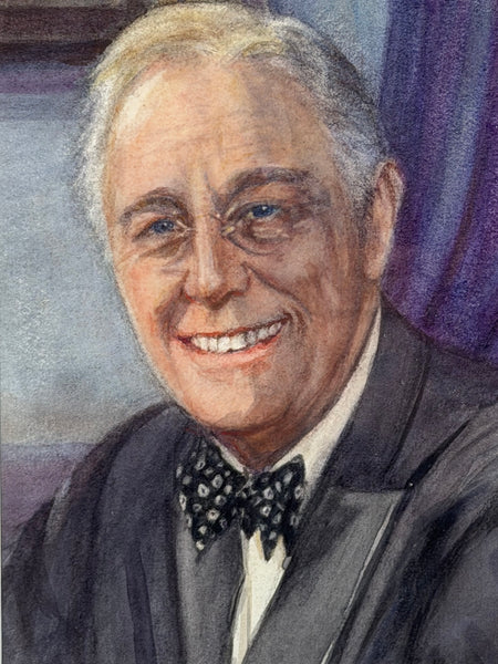 Franklin D. Roosevelt (FDR) Portrait Watercolour, Signed Beatrice S. Bullock, WWII Era, Inscribed Verso